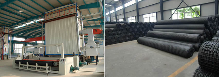 There are two pictures. The first shows the geogrid workshop, the second shows the geogrid warehouse.
